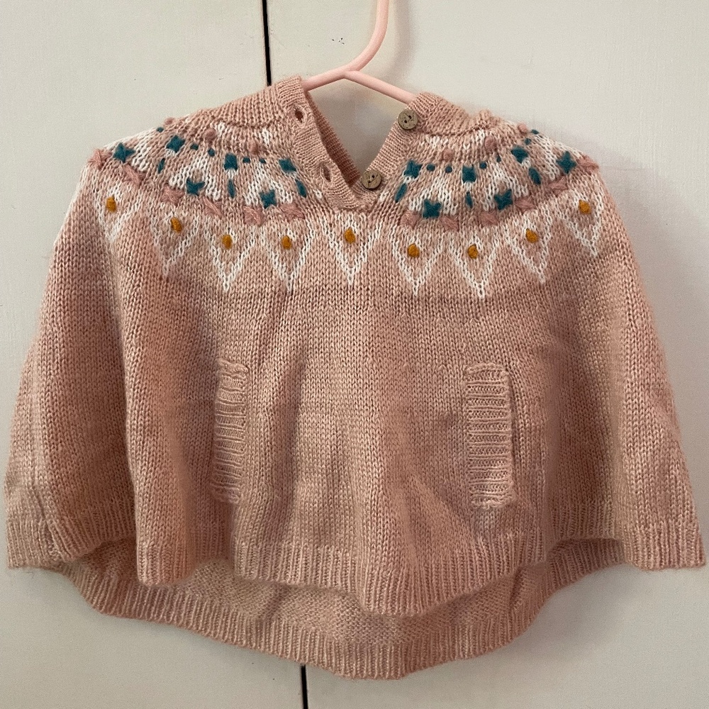 Peek Baby Pink Hooded Poncho With Pocket and Boho Trim